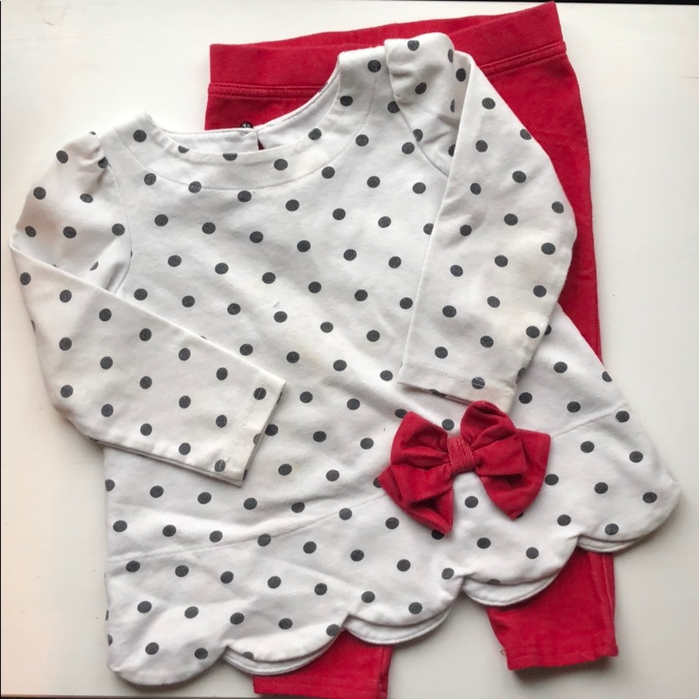 Polka dot top with red bow and matching pants
